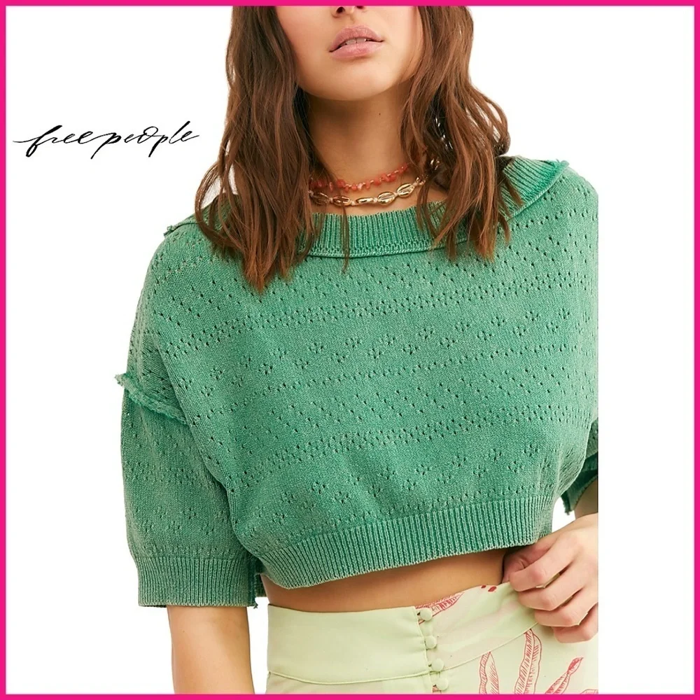 Free People Sand Castle Green Cropped Sweater Top
